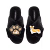 Laines London Women's Classic Laines Slippers With Paw & Peach The Corgi Brooches - Black In Animal Print