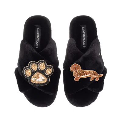Laines London Women's Classic Laines Slippers With Paw & Red Dachshund Brooches - Black