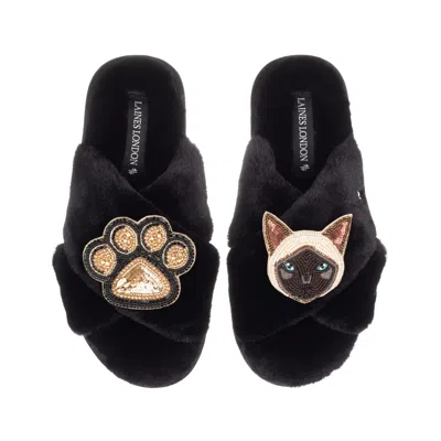Laines London Women's Classic Laines Slippers With Paw & Siamese Cat Brooches - Black