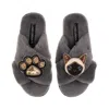 Laines London Women's Classic Laines Slippers With Paw & Siamese Cat Brooches - Grey In Animal Print