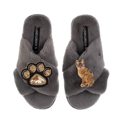 Laines London Women's Classic Laines Slippers With Paw & Sitting Ginger Cat Brooches - Grey In Animal Print