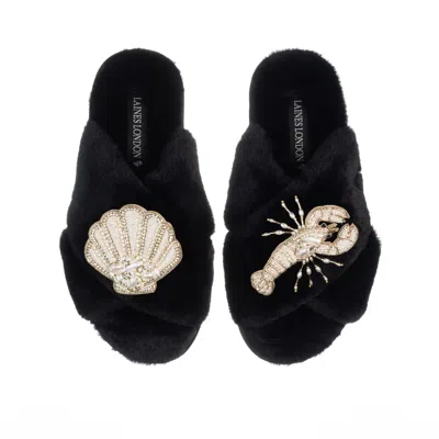 Laines London Women's Classic Laines Slippers With Pearl Beaded Lobster & Shell Brooches - Black