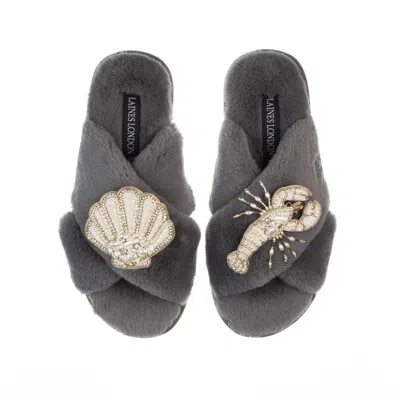 Laines London Women's Classic Laines Slippers With Pearl Beaded Lobster & Shell Brooches - Grey