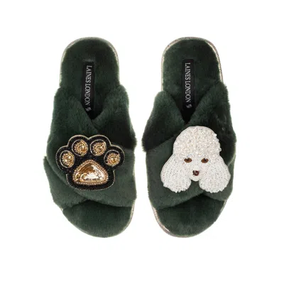 Laines London Women's Classic Laines Slippers With Pearl The Poodle & Paw Brooches - Limited Edition Green