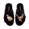 Laines London Women's Classic Laines Slippers With Pheasant & Hen Brooches - Black In Black