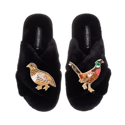 Laines London Women's Classic Laines Slippers With Pheasant & Hen Brooches - Black