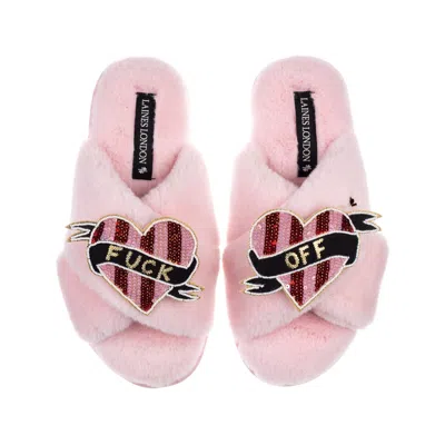 Laines London Women's Classic Laines Slippers With Pink & Red Stripe Heart Fuck Off Brooches - Pink
