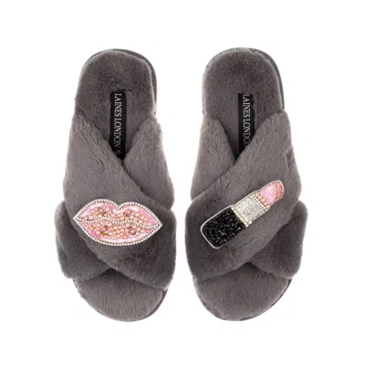 Laines London Women's Classic Laines Slippers With Pink & Silver Pucker Up Brooches - Grey