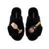 Laines London Women's Classic Laines Slippers With Pink Champagne & Glass Brooches - Black In Black