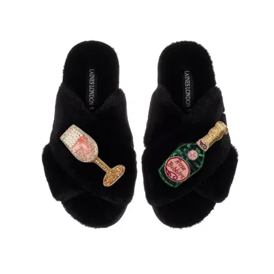 Laines London Women's Classic Laines Slippers With Pink Champagne & Glass Brooches - Black