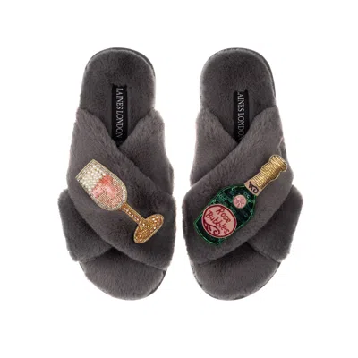 Laines London Women's Classic Laines Slippers With Pink Champagne & Glass Brooches - Grey