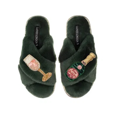 Laines London Women's Classic Laines Slippers With Pink Champagne & Glass Brooches - Limited Edition Green