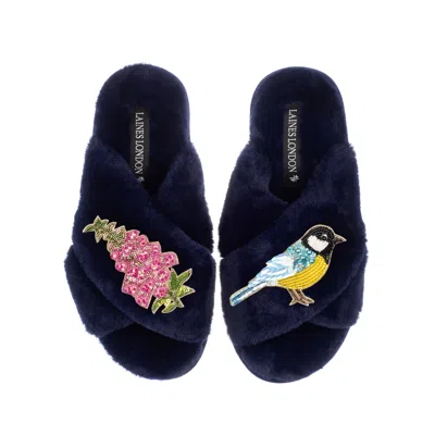 Laines London Women's Classic Laines Slippers With Pink Foxglove Flowers & Blue Tit Brooches - Navy
