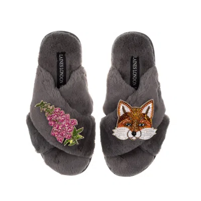 Laines London Women's Classic Laines Slippers With Pink Foxglove Flowers & Fox Brooches - Grey