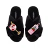 Laines London Women's Classic Laines Slippers With Pink Gin & Fruit Glass Brooches - Black In Black