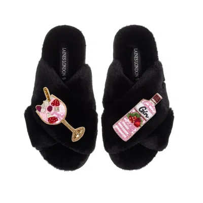 Laines London Women's Classic Laines Slippers With Pink Gin & Fruit Glass Brooches - Black