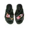 Laines London Women's Classic Laines Slippers With Pink Gin & Fruit Glass Brooches - Limited Edition Green In Green