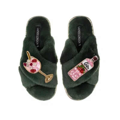 Laines London Women's Classic Laines Slippers With Pink Gin & Fruit Glass Brooches - Limited Edition Green