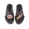 Laines London Women's Classic Laines Slippers With Pink Lipstick & Lips Brooches - Grey In Grey