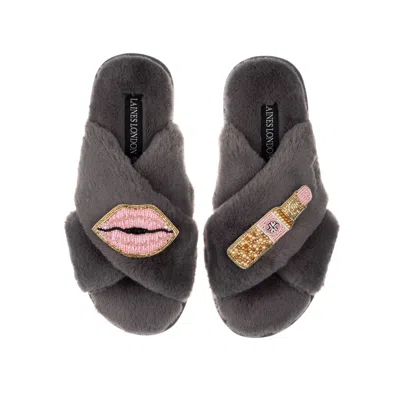 Laines London Women's Classic Laines Slippers With Pink Lipstick & Lips Brooches - Grey