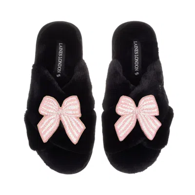 Laines London Women's Classic Laines Slippers With Pink Stripe Bow Brooches - Black