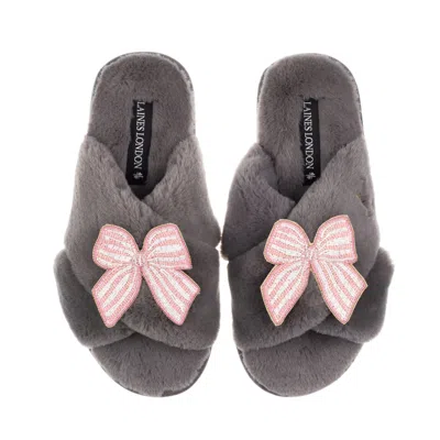 Laines London Women's Classic Laines Slippers With Pink Stripe Bow Brooches - Grey In Gray