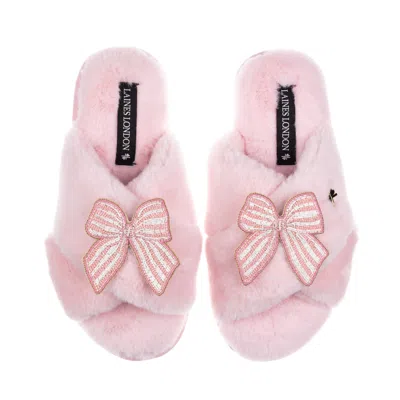 Laines London Women's Classic Laines Slippers With Pink Stripe Bow Brooches - Pink