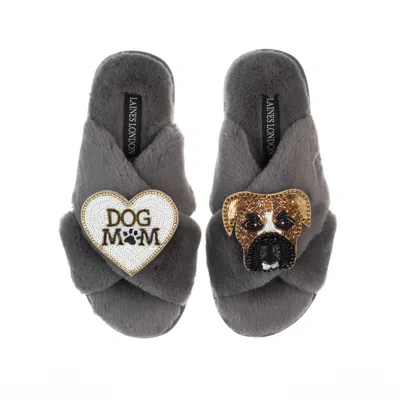 Laines London Women's Classic Laines Slippers With Pip The Boxer & Dog Mum / Mom Brooches - Grey