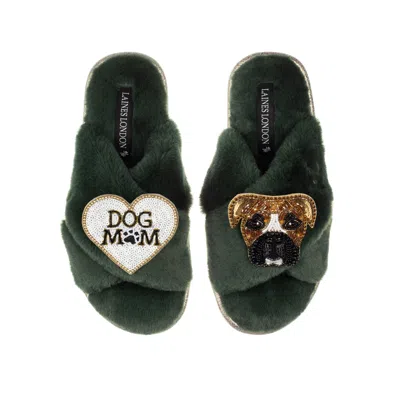 Laines London Women's Classic Laines Slippers With Pip The Boxer & Dog Mum / Mom Brooches - Limited Edition Green