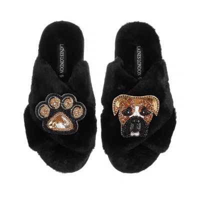 Laines London Women's Classic Laines Slippers With Pip The Boxer & Paw Brooches - Black