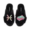 Laines London Women's Classic Laines Slippers With Pisces Zodiac Brooches - Black In Black