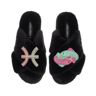 Laines London Women's Classic Laines Slippers With Pisces Zodiac Brooches - Black