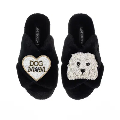 Laines London Women's Classic Laines Slippers With Queenie & Dog Mum / Mom Brooches - Black