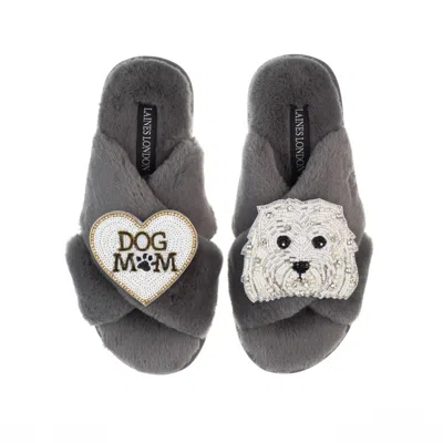 Laines London Women's Classic Laines Slippers With Queenie & Dog Mum / Mom Brooches - Grey