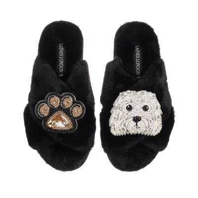 Laines London Women's Classic Laines Slippers With Queenie & Paw Brooches - Black