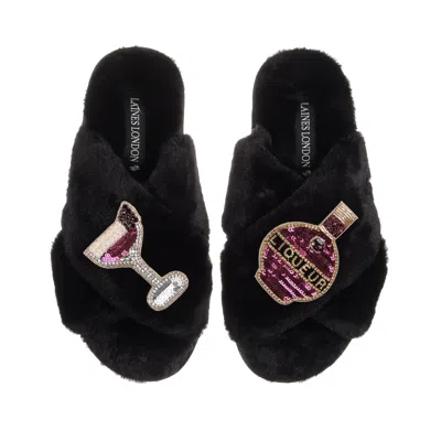 Laines London Women's Classic Laines Slippers With Raspberry Liqueur Brooches - Black