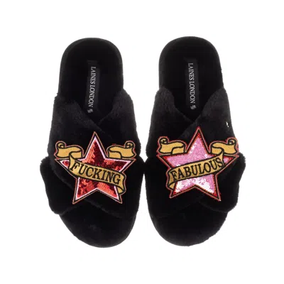 Laines London Women's Classic Laines Slippers With Red & Pink Fucking Fabulous Brooches - Black