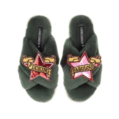 Laines London Women's Classic Laines Slippers With Red & Pink Fucking Fabulous Brooches - Limited Edition Green