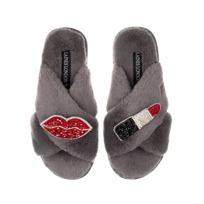 Laines London Women's Classic Laines Slippers With Red & Silver Pucker Up Brooches - Grey