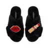 Laines London Women's Classic Laines Slippers With Red Lipstick & Lips Brooches - Black In Black