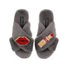 Laines London Women's Classic Laines Slippers With Red Lipstick & Lips Brooches - Grey In Grey