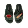 Laines London Women's Classic Laines Slippers With Red Lipstick & Lips Brooches - Limited Edition Green In Green