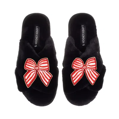 Laines London Women's Classic Laines Slippers With Red Stripe Bow Brooches - Black