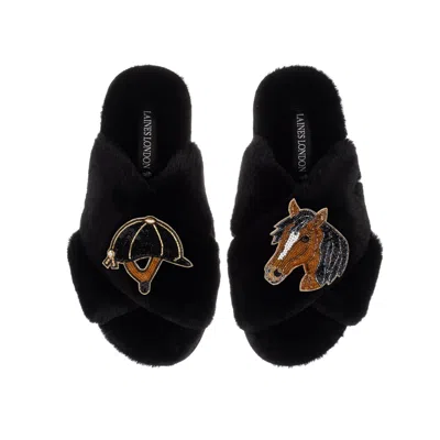 Laines London Women's Classic Laines Slippers With Riding Hat & Horse Brooches - Black