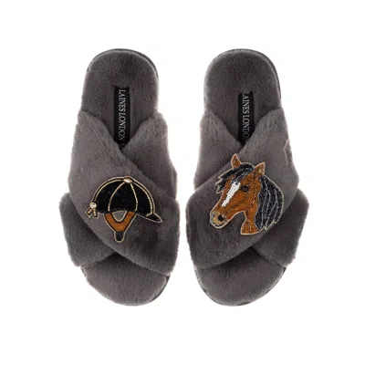 Laines London Women's Classic Laines Slippers With Riding Hat & Horse Brooches - Grey