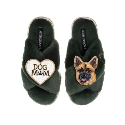 Laines London Women's Classic Laines Slippers With Roxy The German Shepherd & Dog Mum/mom Brooches - Limited Editi In Green