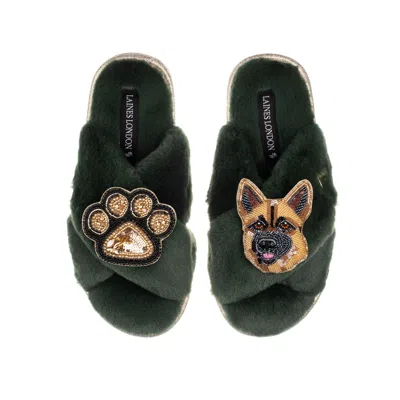 Laines London Women's Classic Laines Slippers With Roxy The German Shepherd & Paw Brooches - Limited Edition Green