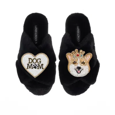 Laines London Women's Classic Laines Slippers With Royal Corgi & Dog Mum / Mom Brooches - Black