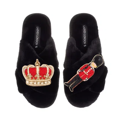 Laines London Women's Classic Laines Slippers With Royal Crown & Grenadier Guard Brooches - Black