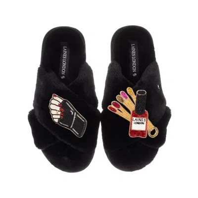 Laines London Women's Classic Laines Slippers With Sand Nail Tech Brooches - Black